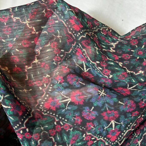 Loft Green Red Blue Floral Chiffon Velvet Trim V-Neck Sheer LS Blouse Size XXL - Picture 8 of 15